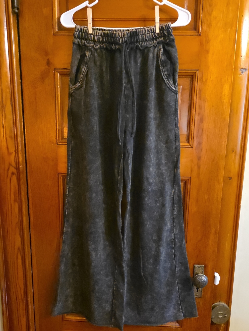 Zenana French Terry Raw Hem Palazzo Pants In Acidwash Black